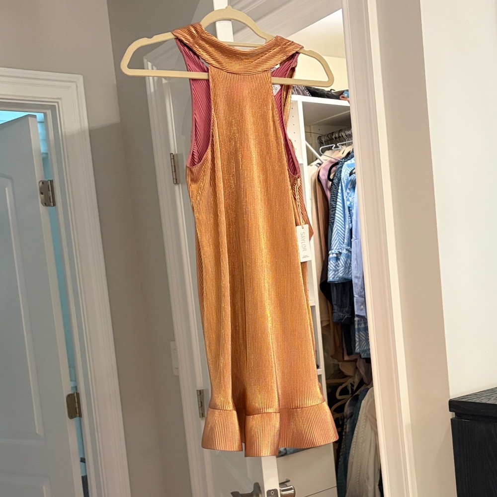 SAYLOR Metallic Gold Ribbed Mini Dress with Pink Lining